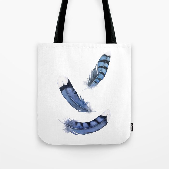 Falling Feather, Blue Jay Feather, Blue Feather watercolor painting by Suisai Genki Tote Bag