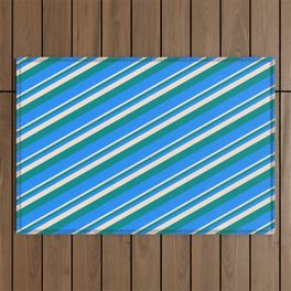 [ Thumbnail: Beige, Dark Cyan, and Blue Colored Lined Pattern Outdoor Rug ]