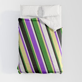 [ Thumbnail: Purple, Tan, Forest Green, Black, and White Colored Lined/Striped Pattern Comforter ]