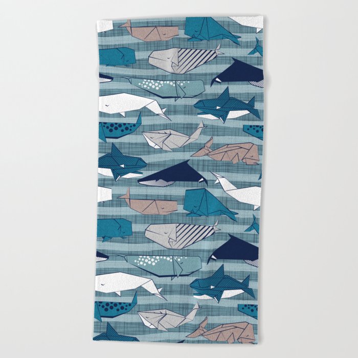 Origami Sea // linen texture and nautical stripes background teal white and taupe whales Beach Towel