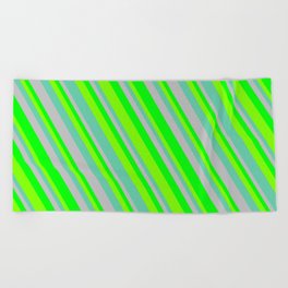 [ Thumbnail: Grey, Lime, Chartreuse, and Aquamarine Colored Lined/Striped Pattern Beach Towel ]