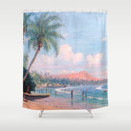 Waikiki Beach, Diamond Head, Oahu landscape painting by D. Howard Hitchcock Shower Curtain