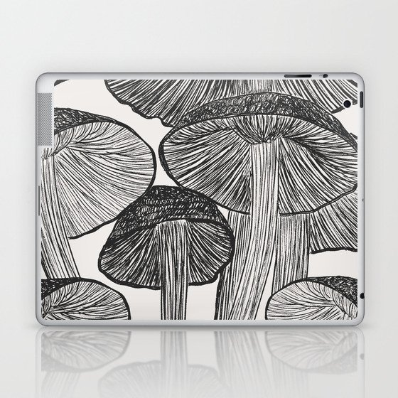 Black White Magic Mushroom Garden Drawing Laptop & iPad Skin
