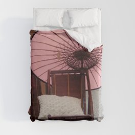 China Photography - Wooden Chair Under A Pink Umbrella In The Street Duvet Cover