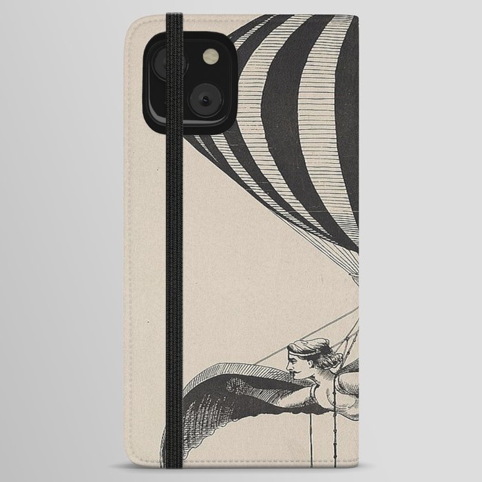 Aerialist wearing wings strapped to his shoulders and feet while suspended from a balloon iPhone Wallet Case