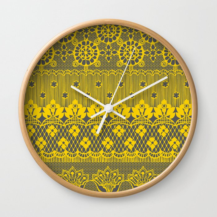 Lace Romance Lemon Yellow Grey Wall Clock