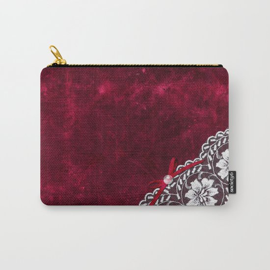 Elegant white Vintage Lace with pearl and ribbon on dark red grunge backround Carry-All Pouch