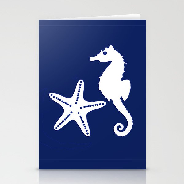 Seahorse and Starfish, Navy Blue and White Stationery Cards