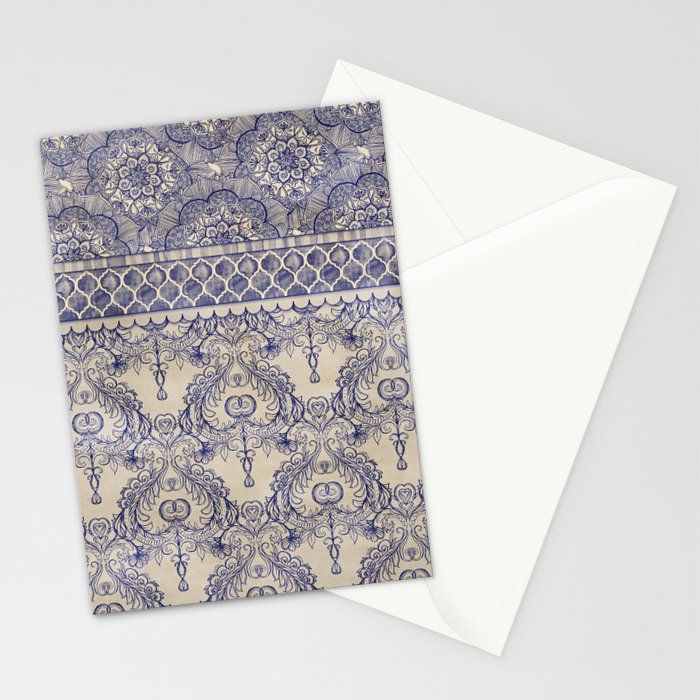 Vintage Wallpaper Hand Drawn Patterns In Navy Blue Cream