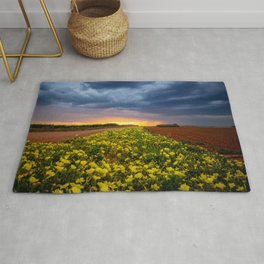 Yellow Flower Road - Path of Wildflowers Lead Into Texas Sunset on Stormy Evening Rug