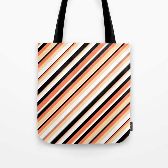 Coral, Tan, White & Black Colored Lines/Stripes Pattern Tote Bag