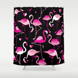 Seamless pattern from pink flamingos on a dark background Shower Curtain