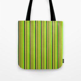 [ Thumbnail: Chartreuse, Coral, and Dark Slate Gray Colored Lines/Stripes Pattern Tote Bag ]