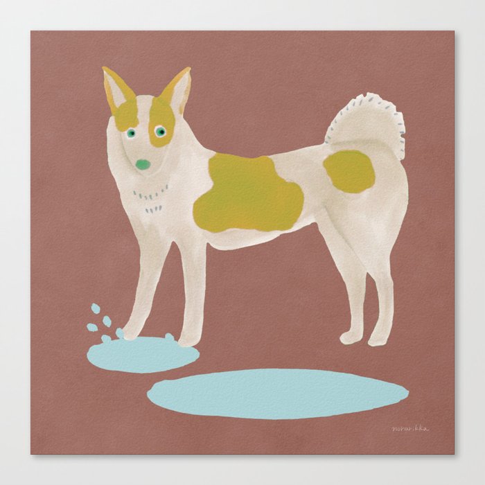 Dog Stepping into a Puddle - Green and Brown Canvas Print