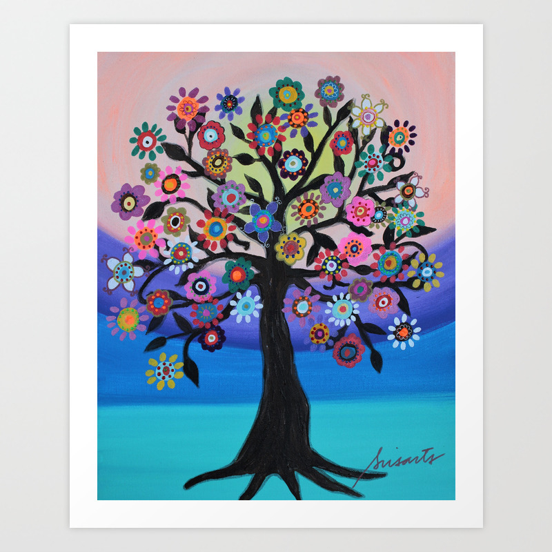 Whimsical Blooming Love Tree of Life Painting Art Print