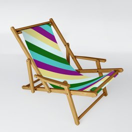 [ Thumbnail: Eye-catching Dark Green, Turquoise, Purple, Tan, and Light Cyan Colored Lines Pattern Sling Chair ]