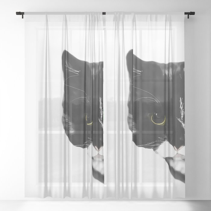 Curious Black Cat on White Background  #decor #society6 #buyart Sheer Curtain