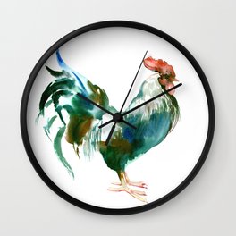 Rooster, Turquoise Blue Brown Kitchen art Wall Clock