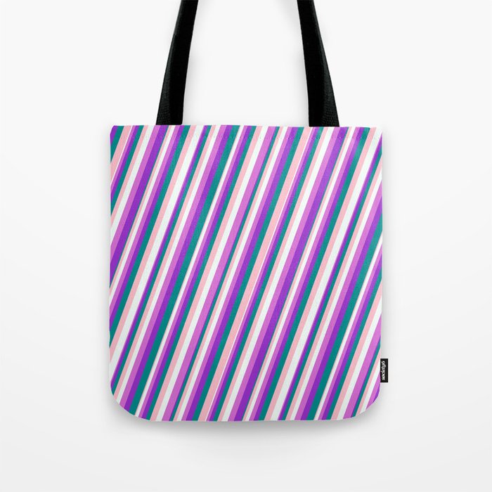 Eye-catching Pink, Mint Cream, Orchid, Dark Orchid & Dark Cyan Colored Stripes Pattern Tote Bag
