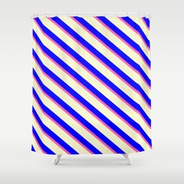 [ Thumbnail: Hot Pink, Light Yellow, Blue, and Purple Colored Lined Pattern Shower Curtain ]