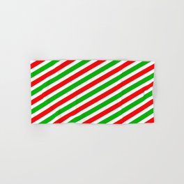 [ Thumbnail: Fun Christmas-Style Green, White, and Red Colored Pattern of Stripes Hand & Bath Towel ]