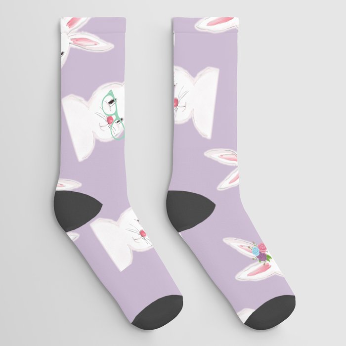 Easter Bunny With Glasses And Flowers Pattern Lavander Socks
