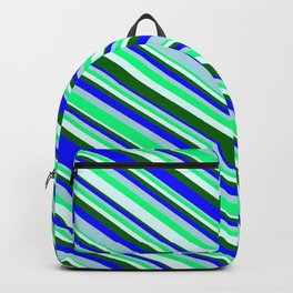 [ Thumbnail: Eyecatching Light Blue, Green, Light Cyan, Dark Green & Blue Colored Pattern of Stripes Backpack ]