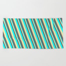 [ Thumbnail: Cyan, Pale Goldenrod & Dim Grey Colored Lines/Stripes Pattern Beach Towel ]