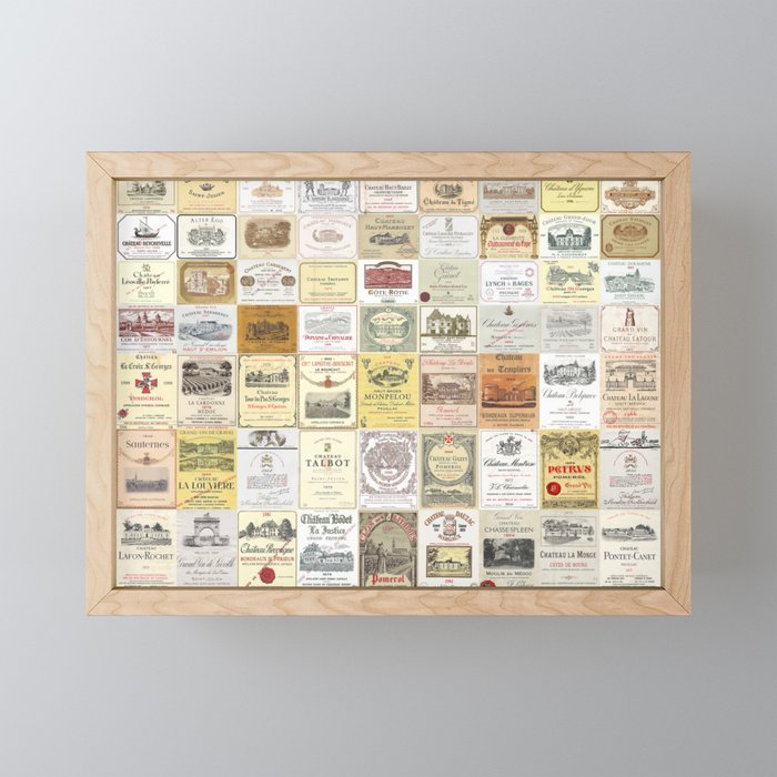 Famous French wine labels collage: vintages from Bordeaux/Rhone Framed Mini Art Print
