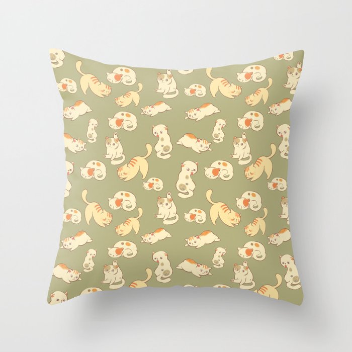 cute kitty cat daily life in olive Throw Pillow