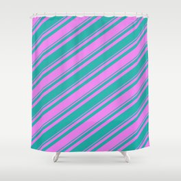 [ Thumbnail: Violet and Light Sea Green Colored Stripes/Lines Pattern Shower Curtain ]