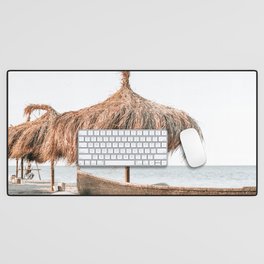 Umbrellas, Boat and Sandy Beach Tranquility, Sea Landscape, Summer Vibes, Ocean Relaxation Desk Mat