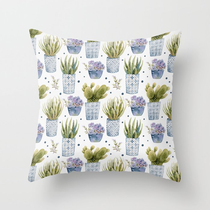 cactus in patterned pots pattern Throw Pillow