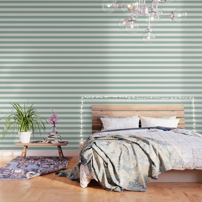 Cambridge blue - solid color - white stripes pattern Wallpaper