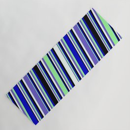 [ Thumbnail: Mint Cream, Slate Blue, Green, Blue, and Black Colored Pattern of Stripes Yoga Mat ]