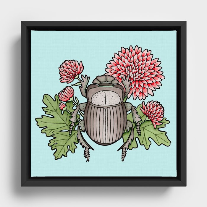 Beetle with Chrysanthemum - Blue Framed Canvas