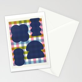 Funky Organic Shapes on Plaid Background \\ Deep Blue Shapes & Multicolor Plaid Stationery Card