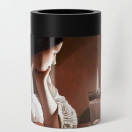 Magdalen with the Smoking Flame female staring at flame with skull of lover in hand portrait painting Can Cooler