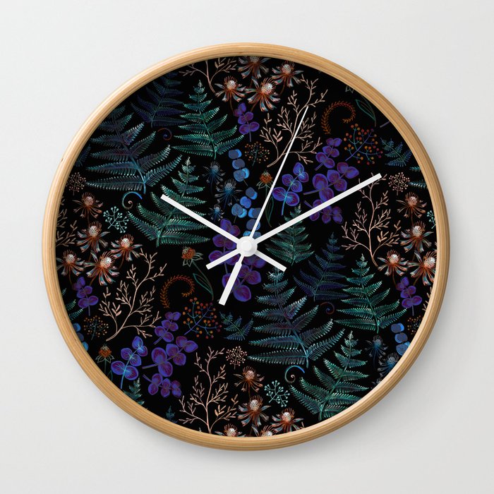 Moody Florals with Fern Leaves Black Wall Clock