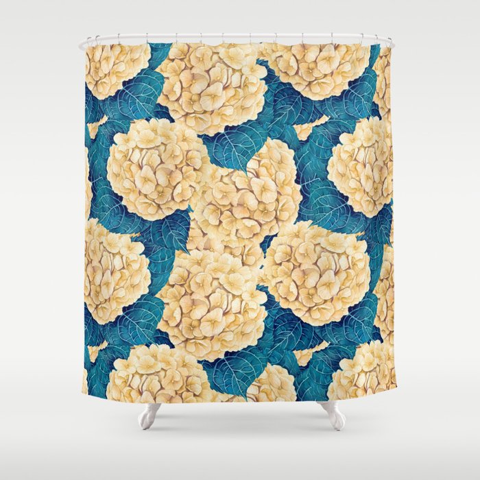 Hydrangea watercolor pattern, yellow and blue Shower Curtain