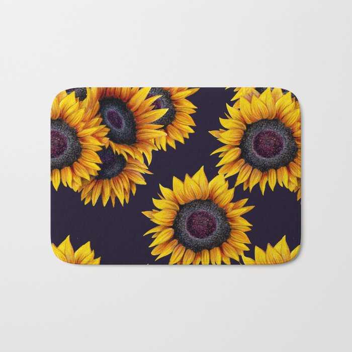 Sunflowers yellow navy blue elegant colorful pattern Bath Mat