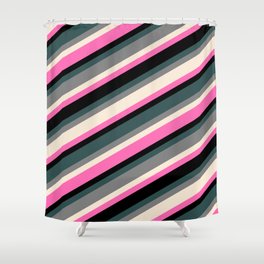 [ Thumbnail: Eye-catching Dark Slate Gray, Grey, Beige, Hot Pink, and Black Colored Lined/Striped Pattern Shower Curtain ]