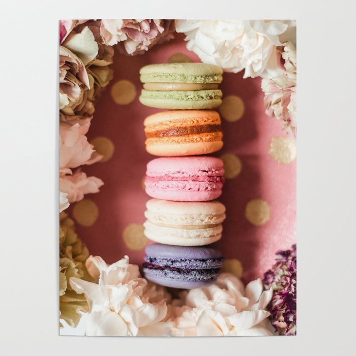 French Macaroons & Elegant Pink Flowers Poster