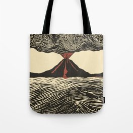 The Eruption of Mount Pelee 1902 Black and Red Volcanic Lava Flow Mountain Woodblock Sketch Drawings Tote Bag