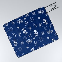 Blue And White Silhouettes Of Vintage Nautical Pattern Picnic Blanket