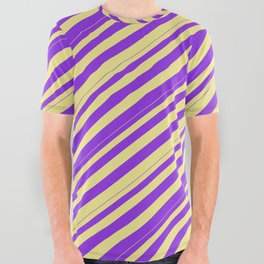 [ Thumbnail: Tan & Purple Colored Pattern of Stripes All Over Graphic Tee ]