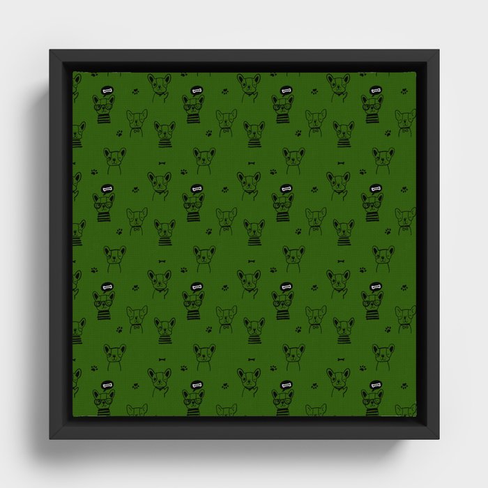 Green and Black Hand Drawn Dog Puppy Pattern Framed Canvas