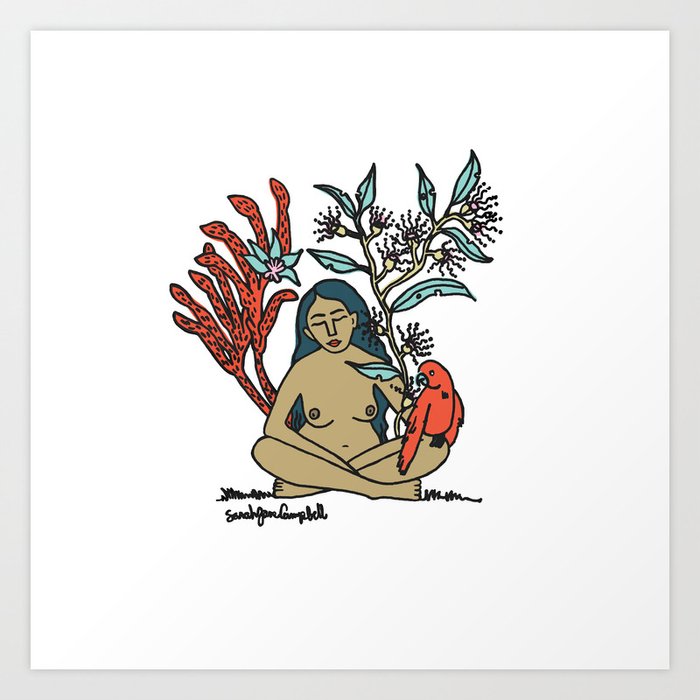 Naked woman with Parrot and Australian flowers Art Print