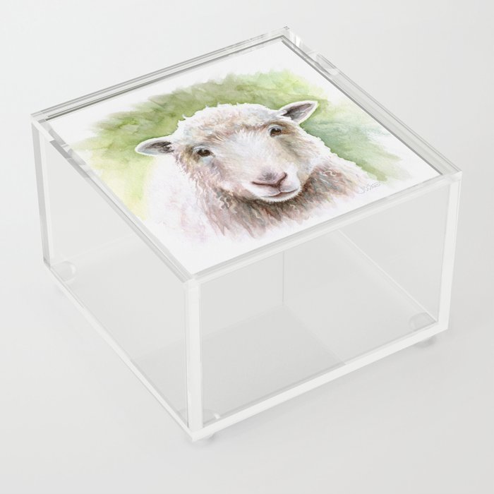 White Happy Sheep Watercolor Painting Acrylic Box