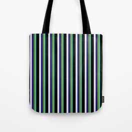 [ Thumbnail: Eye-catching Turquoise, Green, Midnight Blue, Lavender, and Black Colored Striped Pattern Tote Bag ]